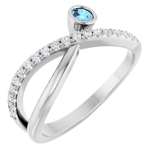 14K White Gold Round 3 Mm Polished Natural Aquamarine And 1/5 Ctw Natural Diamond Criss-Cross Ring, Size 7
