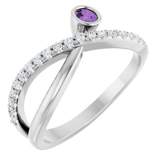 14K White Gold Round 3 Mm Polished Natural Amethyst And 1/5 Ctw Natural Diamond Criss-Cross Ring, Size 7