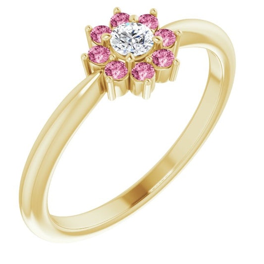 14K Yellow Gold Round 2.5 Mm Polished .06 Ct Natural Diamond And Natural Pink Tourmaline Youth Flower Ring, Size 3