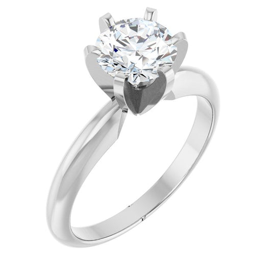 14K White Gold Round 5.4-5.7 Mm Polished 6-Prong Heavy Solitaire Engagement Ring Mounting, Size 6
