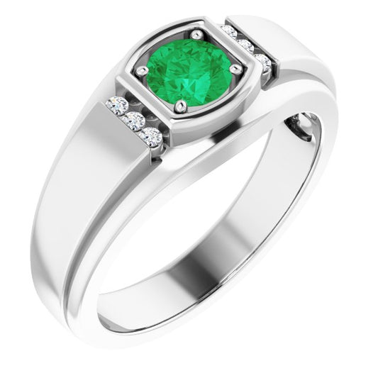 14K White Gold Round 5.5 Mm Polished Natural Emerald And .08 Ctw Natural Diamond Ring, Size 11