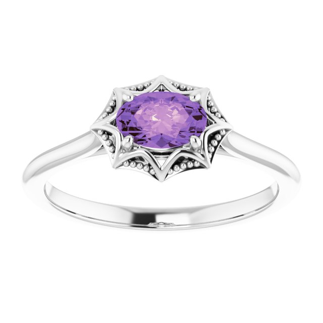 14K White Gold Oval 6 X 4 Mm Polished Natural Amethyst Ring, Size 7