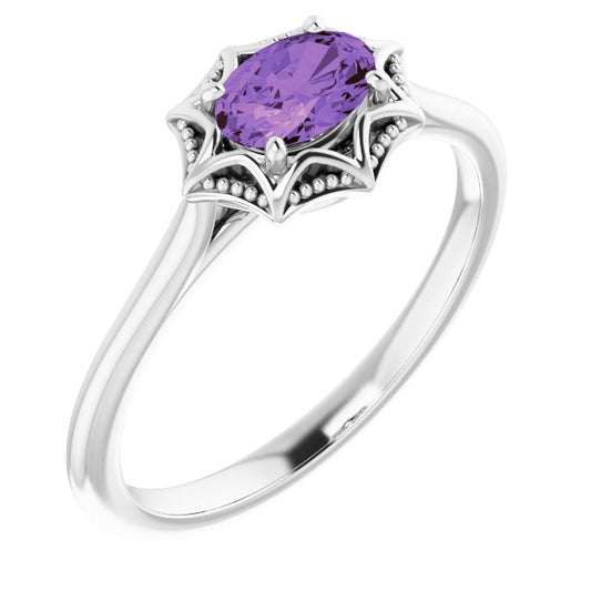 14K White Gold Oval 6 X 4 Mm Polished Natural Amethyst Ring, Size 7