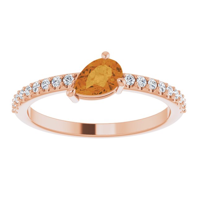 14K Rose Gold Pear 6 X 4 Mm Polished Natural Citrine And 1/6 Ctw Natural Diamond Stackable Ring, Size 7