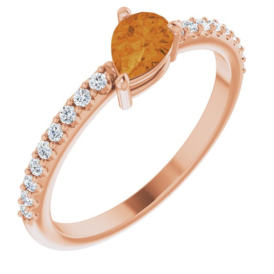 14K Rose Gold Pear 6 X 4 Mm Polished Natural Citrine And 1/6 Ctw Natural Diamond Stackable Ring, Size 7