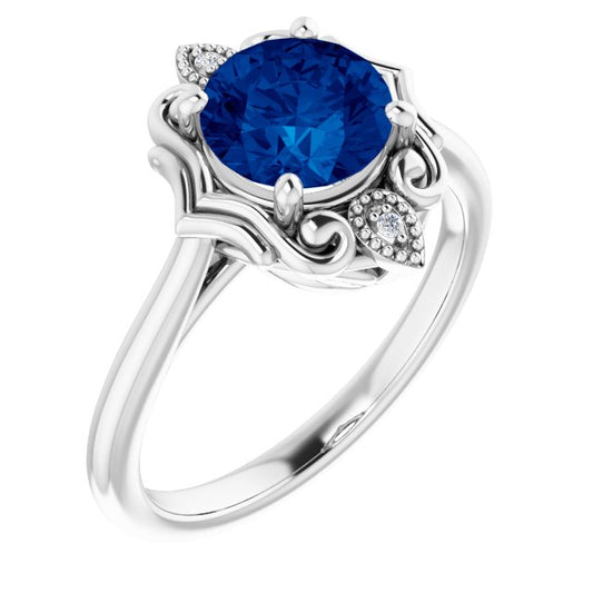 14K White Gold Round 7 Mm Polished Lab-Grown Blue Sapphire And .01 Ctw Natural Diamond Sculptural Ring, Size 7