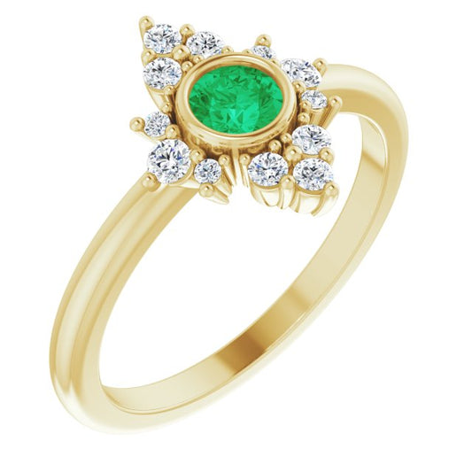 14K Yellow Gold Round 4 Mm Polished Natural Emerald And 1/5 Ctw Natural Diamond Halo-Style Ring, Size 7