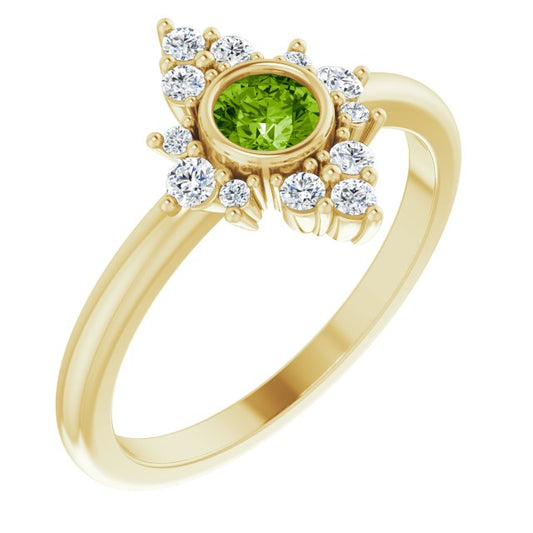 14K Yellow Gold Round 4 Mm Polished Natural Peridot And 1/5 Ctw Natural Diamond Halo-Style Ring, Size 7