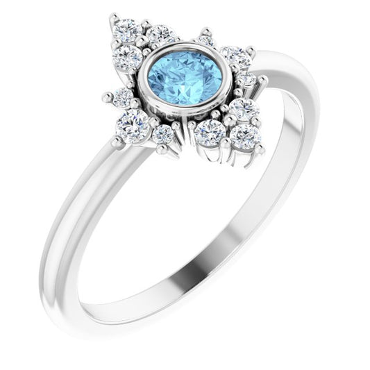 14K White Gold Round 4 Mm Polished Natural Aquamarine And 1/5 Ctw Natural Diamond Halo-Style Ring, Size 7