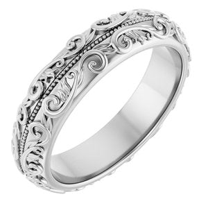 14K White Gold Sculptural Band With Milgrain Center Size 7
