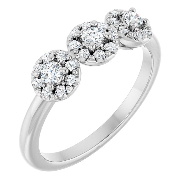 14K White Gold Round 2.5 Mm Polished 3/8 Ctw Natural Diamond Three-Stone Halo-Style Anniversary Band, Size 7