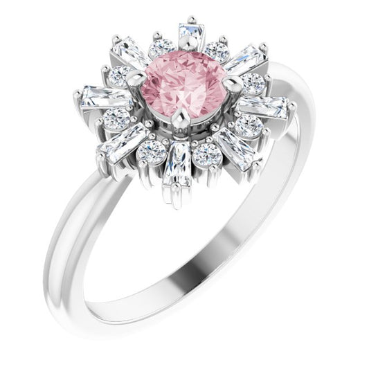 14K White Gold Round 5 Mm Polished Natural Pink Morganite And 3/8 Ctw Natural Diamond Halo-Style Ring, Size 7