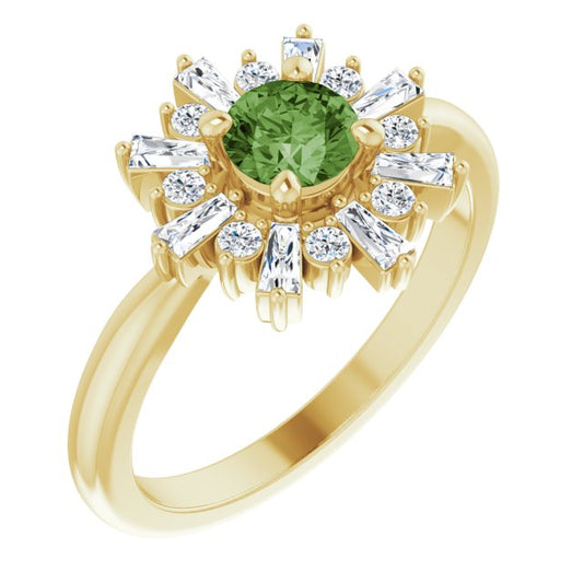 14K Yellow Gold Round 5 Mm Polished Natural Green Tourmaline And 3/8 Ctw Natural Diamond Halo-Style Ring, Size 7