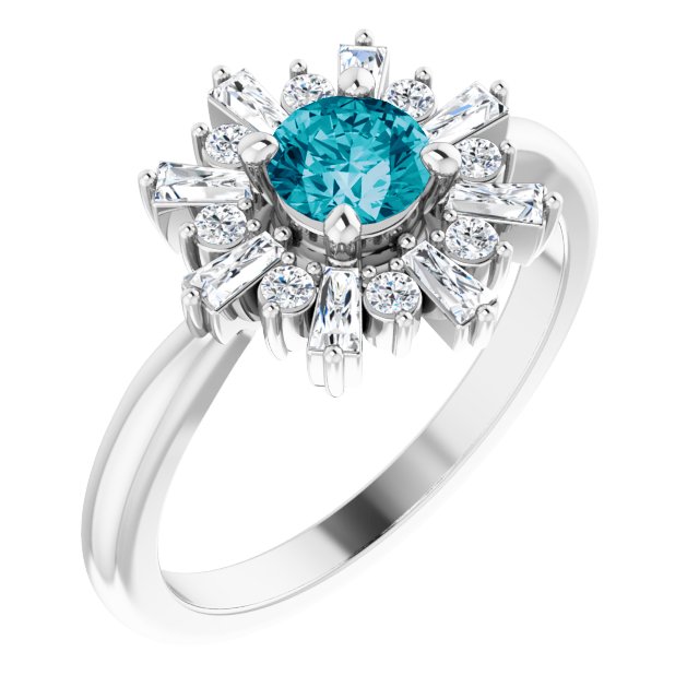 14K White Gold Round 5 Mm Polished Natural London Blue Topaz And 3/8 Ctw Natural Diamond Halo-Style Ring, Size 7