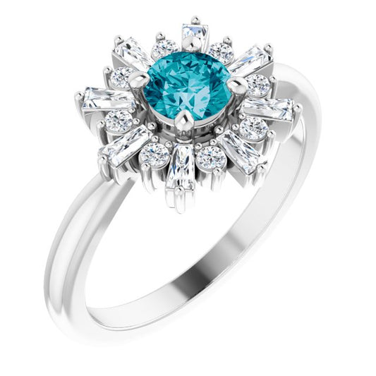 14K White Gold Round 5 Mm Polished Natural London Blue Topaz And 3/8 Ctw Natural Diamond Halo-Style Ring, Size 7