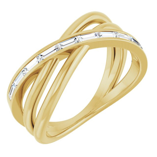 14K Yellow Gold Straight Baguette 3 X 1.25 Mm Polished 1/3 Ctw Natural Diamond Criss-Cross Ring, Size 7