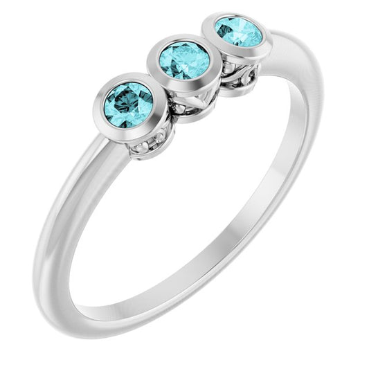 Sterling Silver Round 2.5 Mm Polished Natural Blue Zircon 3-Stone Ring, Size 7