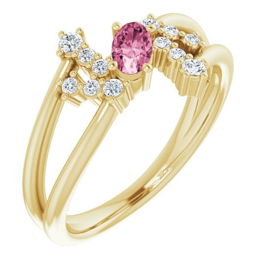 14K Yellow Gold Oval 5 X 3 Mm Polished Natural Pink Tourmaline And 1/8 Ctw Natural Diamond Bypass Ring, Size 7
