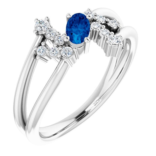 14K White Gold Oval 5 X 3 Mm Polished Natural Blue Sapphire And 1/8 Ctw Natural Diamond Bypass Ring, Size 7