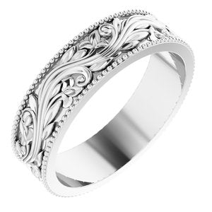 14K Yellow Or White Or Rose Gold Or Sterling Silver Or Platinum Milgrain Edge Floral Flat Band