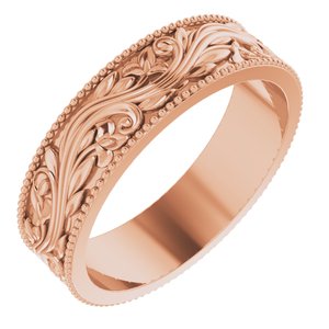 14K Yellow Or White Or Rose Gold Or Sterling Silver Or Platinum Milgrain Edge Floral Flat Band