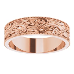 14K Yellow Or White Or Rose Gold Or Sterling Silver Or Platinum Milgrain Edge Floral Flat Band