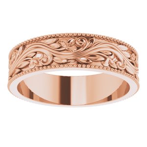 14K Yellow Or White Or Rose Gold Or Sterling Silver Or Platinum Milgrain Edge Floral Flat Band
