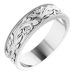 10K Yellow Or White Or Rose Gold Milgrain Edge Floral Flat Band
