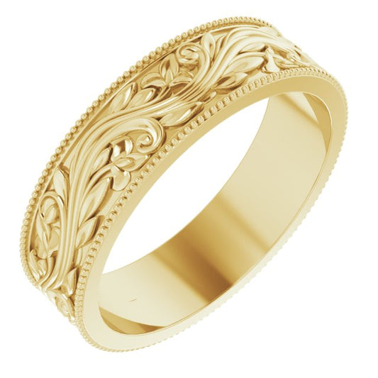 14K Yellow Gold 6 Mm Polished Milgrain Edge Sculptural Standard Fit Band, Size 10