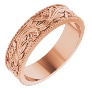 14K Yellow Or White Or Rose Gold Or Sterling Silver Or Platinum Milgrain Edge Floral Flat Band