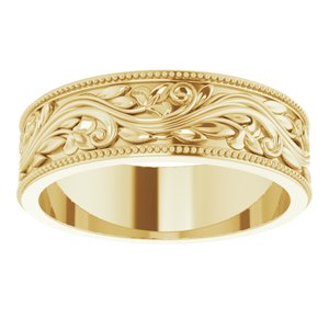 14K Yellow Or White Or Rose Gold Or Sterling Silver Or Platinum Milgrain Edge Floral Flat Band