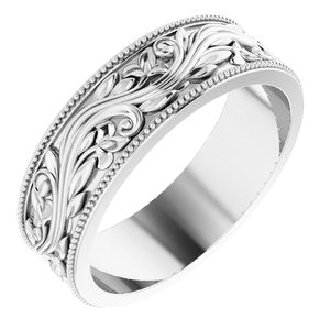 14K Yellow Or White Or Rose Gold Or Sterling Silver Or Platinum Milgrain Edge Floral Flat Band