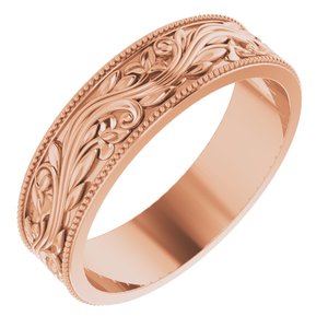14K Yellow Or White Or Rose Gold Or Sterling Silver Or Platinum Milgrain Edge Floral Flat Band