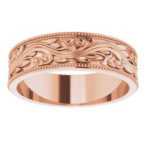 14K Yellow Or White Or Rose Gold Or Sterling Silver Or Platinum Milgrain Edge Floral Flat Band