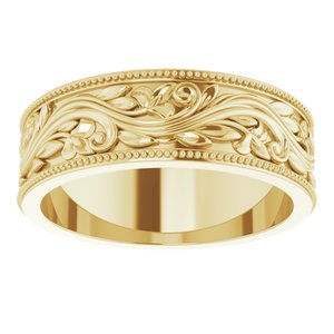 14K Yellow Or White Or Rose Gold Or Sterling Silver Or Platinum Milgrain Edge Floral Flat Band