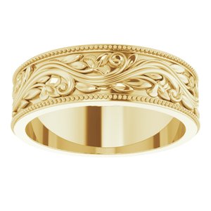 14K Yellow Or White Or Rose Gold Or Sterling Silver Or Platinum Milgrain Edge Floral Flat Band