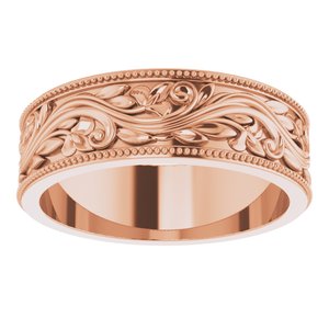 14K Yellow Or White Or Rose Gold Or Sterling Silver Or Platinum Milgrain Edge Floral Flat Band