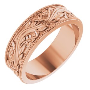 14K Yellow Or White Or Rose Gold Or Sterling Silver Or Platinum Milgrain Edge Floral Flat Band