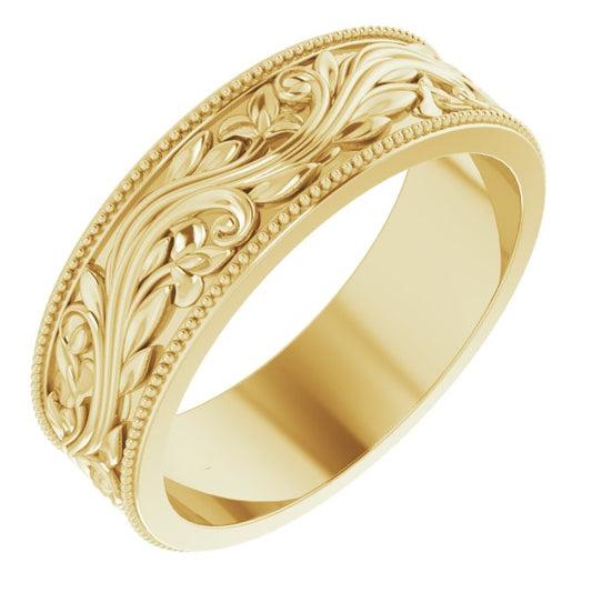 10K Yellow Gold 6 Mm Polished Milgrain Edge Sculptural Standard Fit Band, Size 8.5