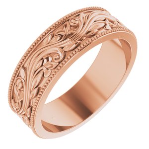 14K Yellow Or White Or Rose Gold Or Sterling Silver Or Platinum Milgrain Edge Floral Flat Band