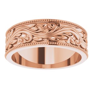 10K Yellow Or White Or Rose Gold Milgrain Edge Floral Flat Band