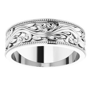 14K Yellow Or White Or Rose Gold Or Sterling Silver Or Platinum Milgrain Edge Floral Flat Band