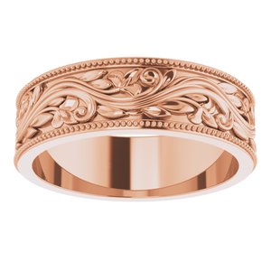 14K Yellow Or White Or Rose Gold Or Sterling Silver Or Platinum Milgrain Edge Floral Flat Band