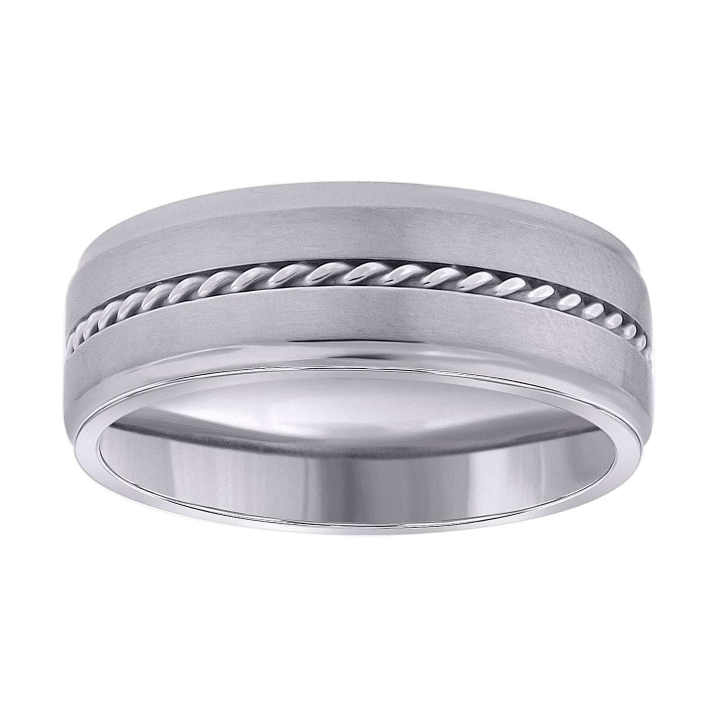 Stainless Steel Mens Rope Lined Center With Brushed Sides Step Edges Comfort-Fit Bridal Anniversary Wedding Engagement Band Ring