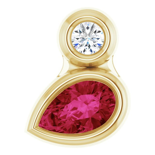 14K Yellow Gold Pear  5 X 3Mm   I1, G-H Polished Natural Ruby And .03 Ct Natural Diamond Pendant