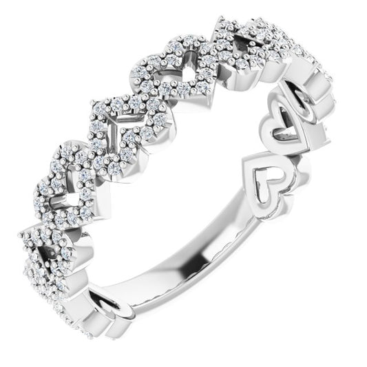 14K White Gold Round .8 Mm Polished 1/3 Ctw Natural Diamond Stackable Heart Ring, Size 7