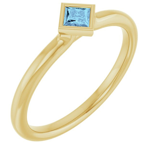 14K Yellow Gold  Square 3 X 3 Mm Polished Natural Aquamarine Stackable Ring