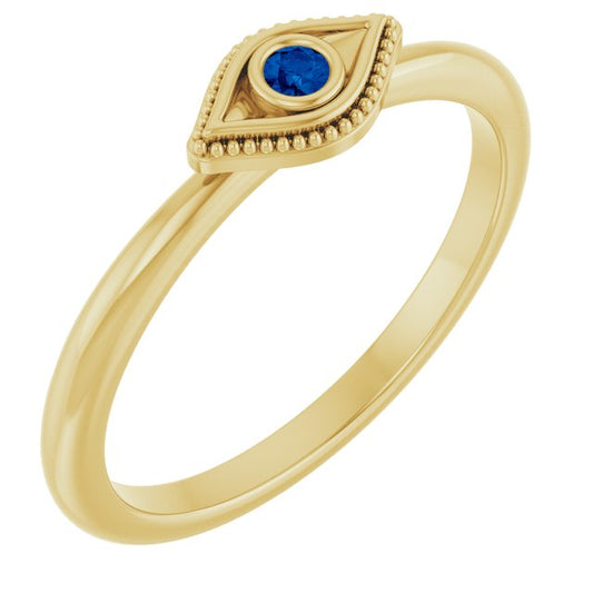 14K Yellow Gold Round 2 Mm Polished Lab-Grown Blue Sapphire Stackable Evil Eye Ring, Size 7
