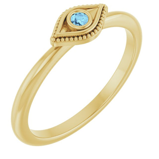 14K Yellow Or White Gold Round 2 Mm Polished Natural Aquamarine Stackable Evil Eye Ring, Size 7