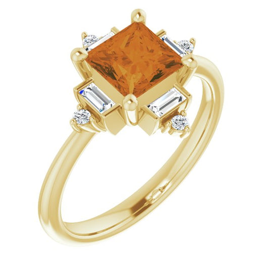 14K Yellow Gold Square 6 X 6 Mm Polished Natural Citrine And 1/5 Ctw Natural Diamond Ring, Size 7